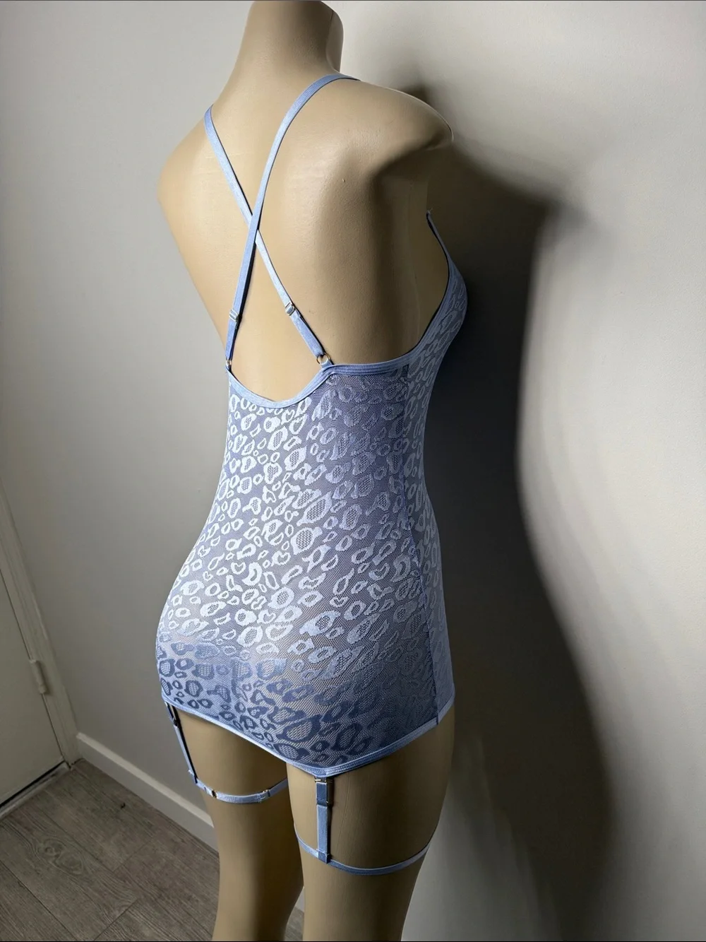 Blue Sheer Leopard Lace Slip with Garter Straps - Women's Intimates